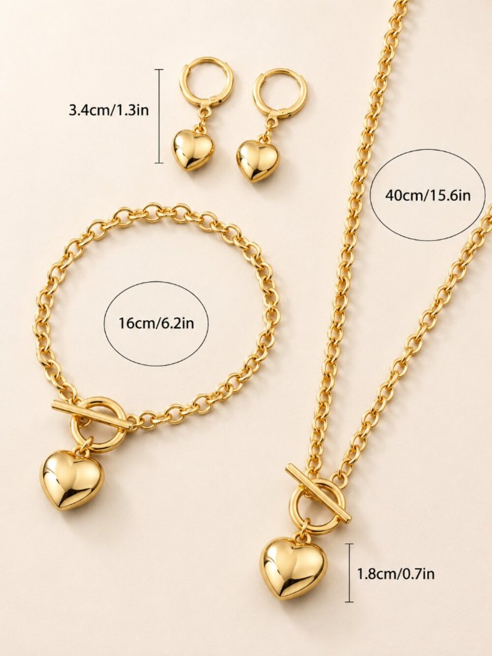 3pc Gold Heart Charm Jewelry Set Stainless Steel Necklace Bracelet Earrings - Picture 7 of 7